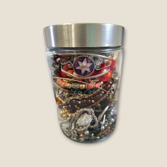 Mystery Jewelry Jar Over 2 Lbs Nice Wearable Jewelry Glass Jar With Lid Mixed St - Picture 2 of 7